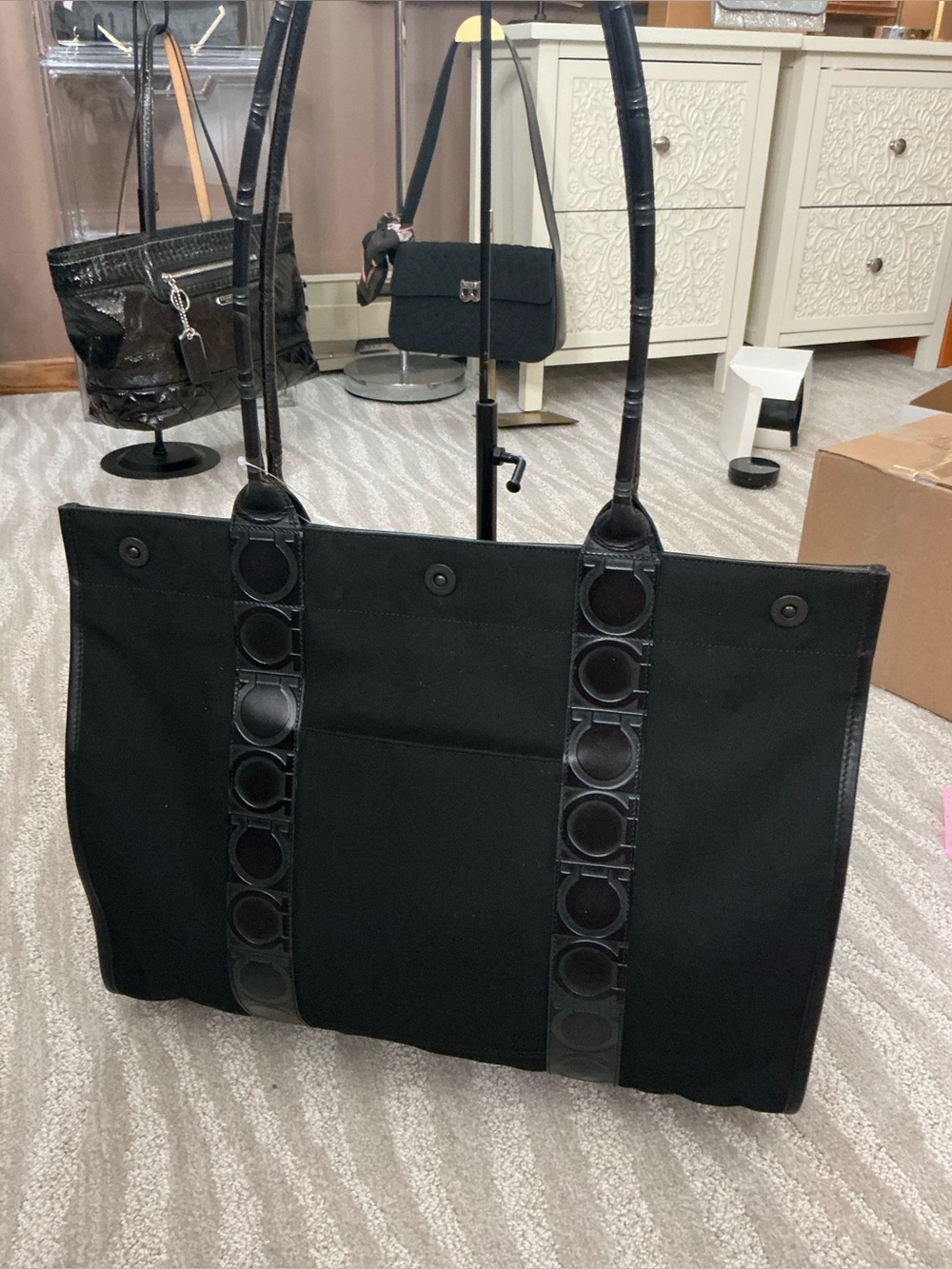 Salvatore Ferragamo Black Gancini Canvas Tote Bag Large Shoulder Shopper